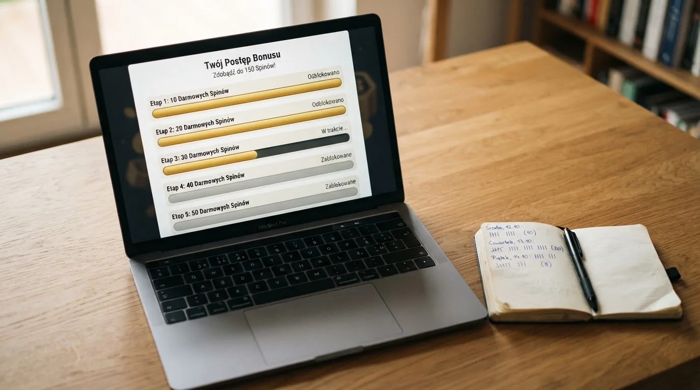 Ekran laptopa z prostym paskiem pokazującym liczbę darmowych spinów przyznanych w transzach, obok kalendarz na biurku.